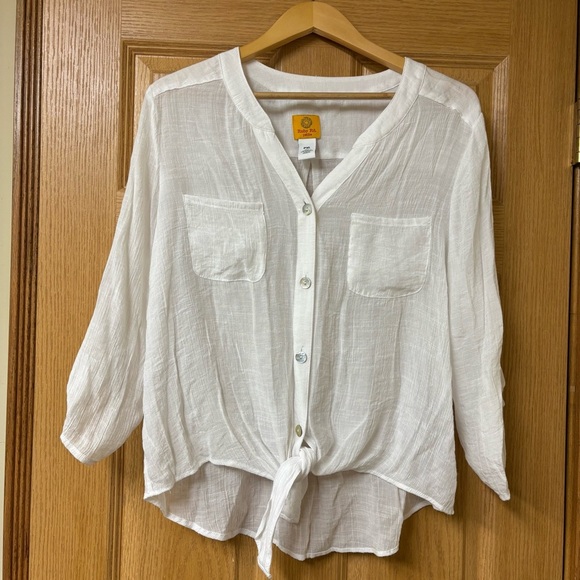 Ruby Rd. White Button Down Shirt with Mandarin Collar and Tie Front Petite XL - Picture 1 of 10